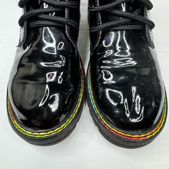 Kurt Geiger Girls Black Patent Leather Birdie Combat Boots Rainbow Accent Size 3 - Picture 3 of 12